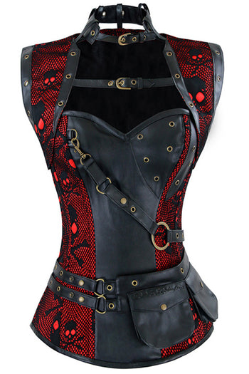 Red and Black Skulls Steampunk High Neck Overbust Corset and Shrug