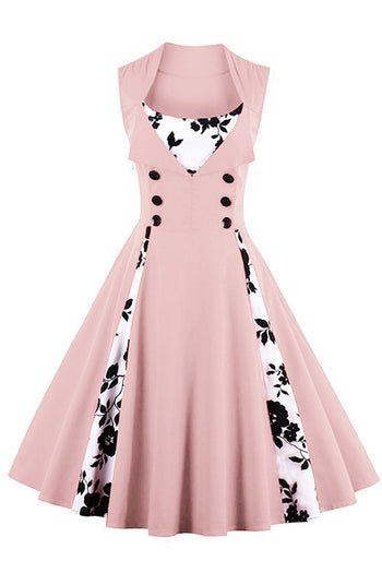 Pink Buttoned Floral Cocktail Dress