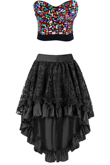 Burlesque Colorful Gem Bra Top and Black Satin Hi-lo Skirt Set