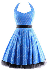 Blue Polka Dot Halter Swing Dress
