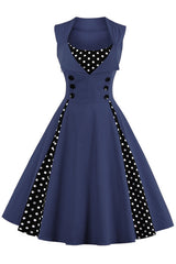 Dark Blue and Black Polka Dot Pleated Swing Dress