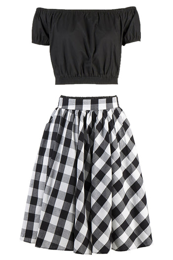 Black Off Shoulder Crop Top and Plaid Skirt Set