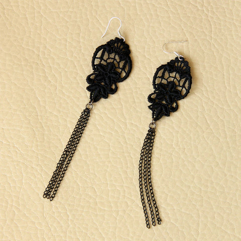 Atomic Black Flower Lace Tassel Earrings