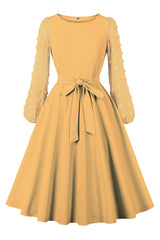 Yellow Swiss Dot Long Puff Sleeve Midi Dress