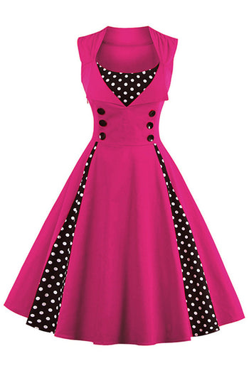 Hot Pink and Black Polka Dot Pleated Swing Dress