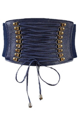 Blue Leather Lace Up Cinched Corset Belt