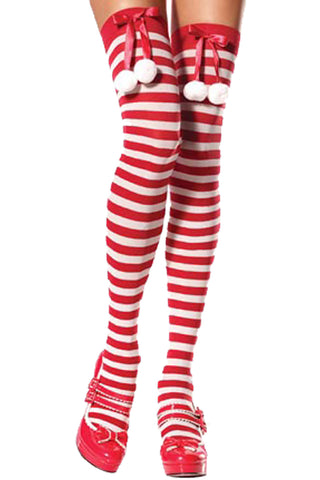 Atomic Candy Cane Thigh High Stockings with Pom-Pom