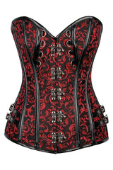 Top Drawer Premium Red Floral Brocade & Faux Leather Steel Boned Corset