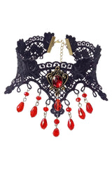 Black Lace And Red Crystal Gem Choker Necklace