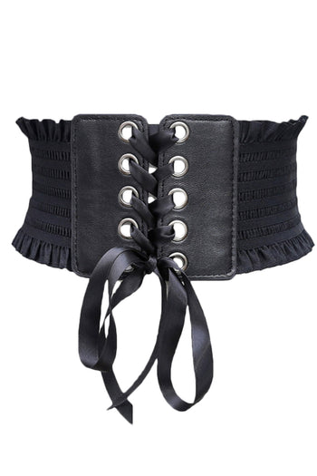 Black Leather Frill Lace-up Girdle Belt 