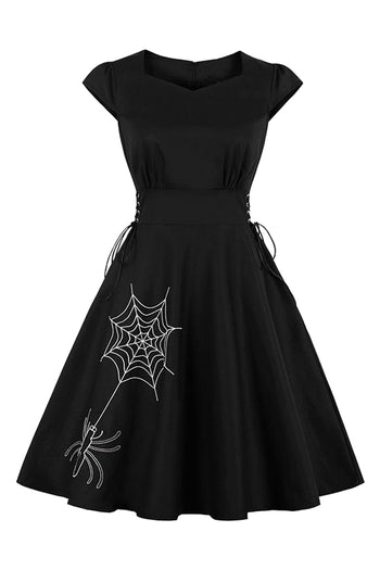Black Embroidered Spiderweb Midi Dress