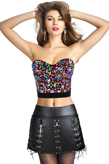Colorful Gem Crop Top and Black Faux Leather Skirt Set