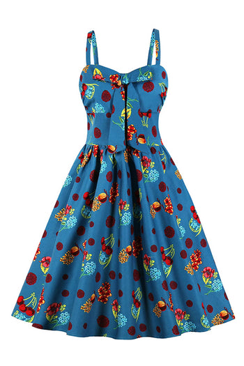 Atomic Blue Cherry Printed Midi Swing Dress