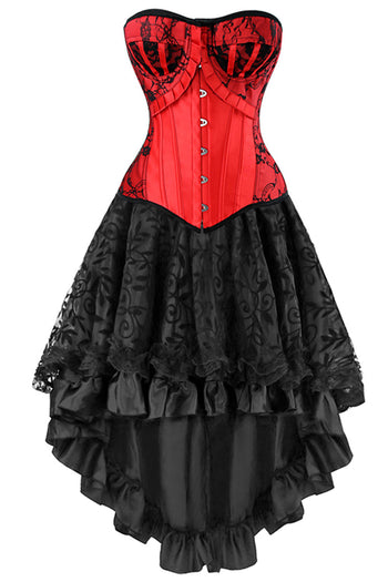 Two Piece Victorian Inspired Red and Black Corset and Skirt