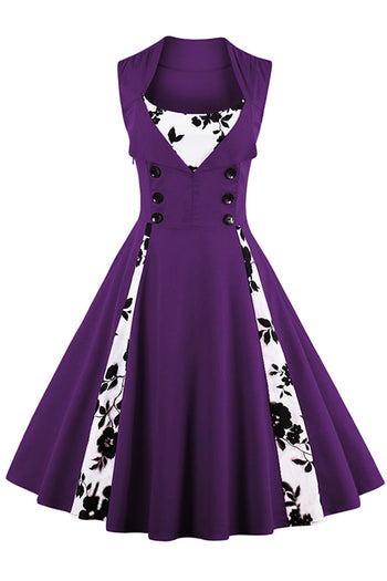 Purple Buttoned Floral Cocktail Dress