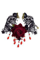 Black Lace And Red Rose Choker Necklace