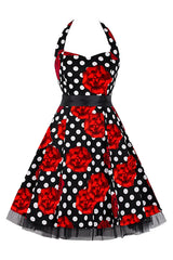 Black Polka Dot Rose Swing Dress
