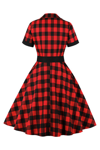 Retro Red and Black Plaid Belted Dress