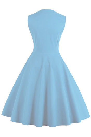 Baby Blue and Black Polka Dot Pleated Swing Dress