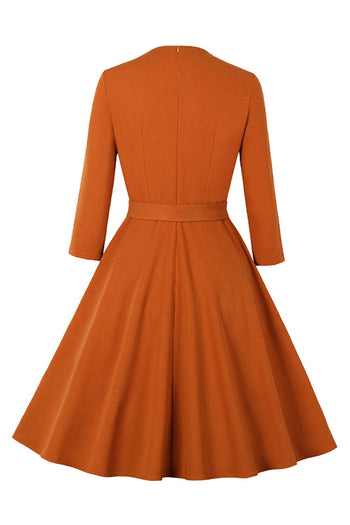 Atomic Orange Bowknot Fall Midi Dress