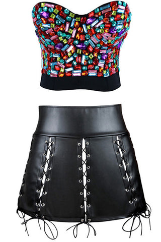 Colorful Gem Crop Top and Black Faux Leather Skirt Set