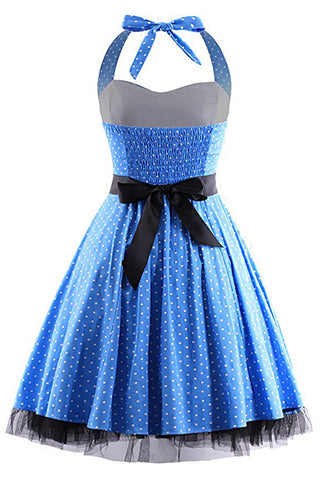 Blue Polka Dot Halter Swing Dress