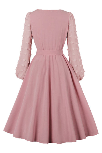 Pink Swiss Dot Long Puff Sleeve Midi Dress