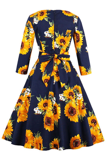 Dark Blue Sunflower Printed Swing Dress