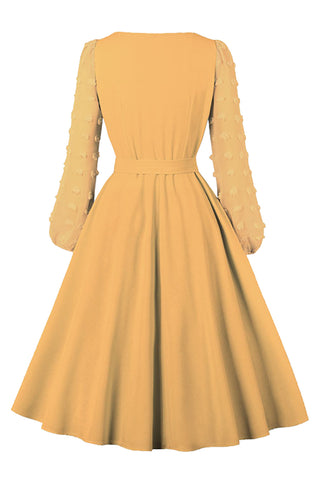 Yellow Swiss Dot Long Puff Sleeve Midi Dress