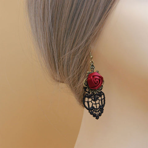 Black Lace and Rose Earrings