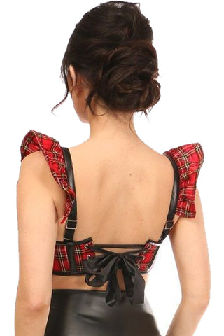 Red Plaid Bustier with Ruffle Sleeves