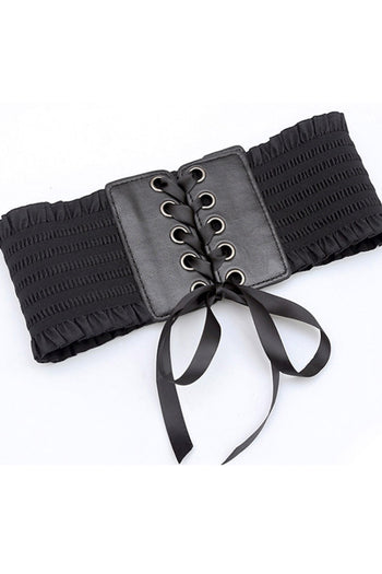 Black Leather Frill Lace-up Girdle Belt 