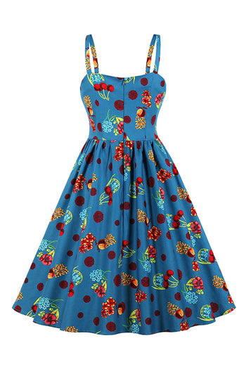 Atomic Blue Cherry Printed Midi Swing Dress