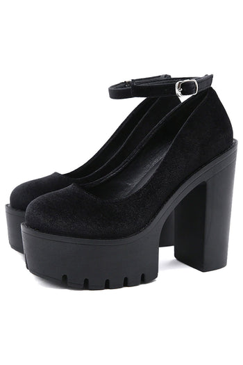 Atomic Belted Black Ankle Platform Pumps | Gothic High Heel Shoes