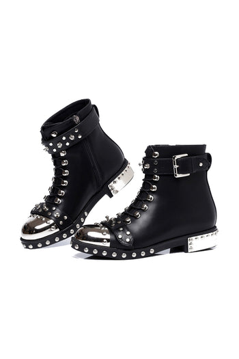 Black Studded Genuine Leather Ankle Boots