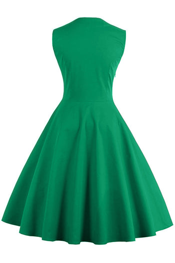 Green and Black Polka Dot Pleated Swing Dress