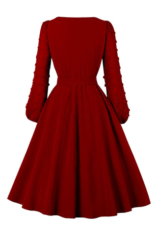 Red Swiss Dot Long Puff Sleeve Midi Dress