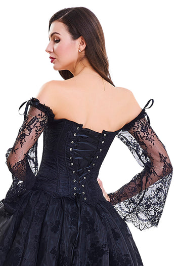 Black Overbust Corset with Floral Lace Sleeves