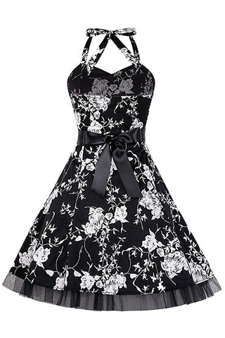 Black and White Floral Halter Dress