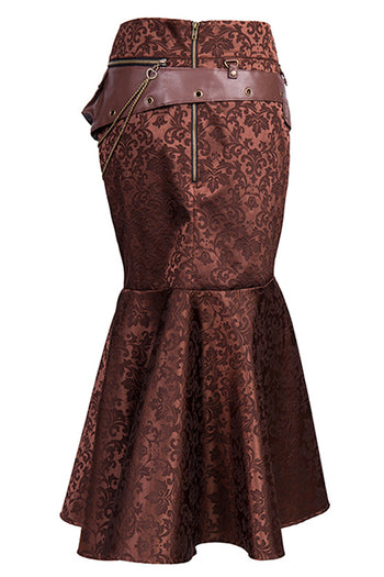Brown Jacquard Fishtail Skirt with Pouch