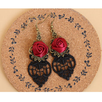 Black Lace and Rose Earrings
