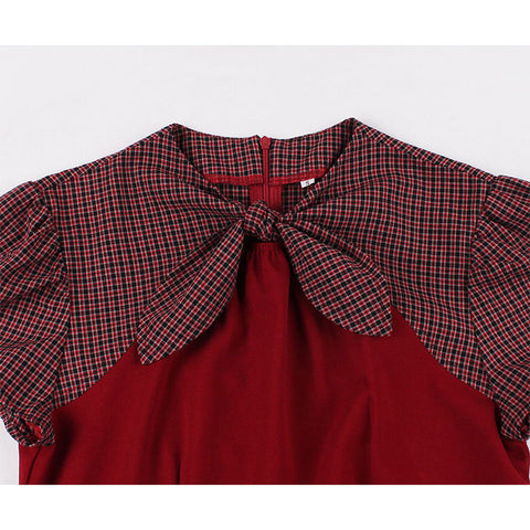 Wine Red Checkered Bowknot Midi Dress
