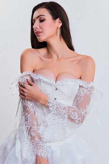 White Overbust Corset with Floral Lace Sleeves