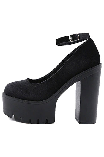 Atomic Belted Black Ankle Platform Pumps | Gothic High Heel Shoes