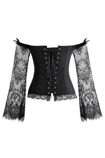 Black Overbust Corset with Floral Lace Sleeves