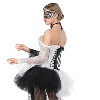 Black and White Overbust Corset with Floral Lace Sleeves