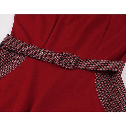 Wine Red Checkered Bowknot Midi Dress