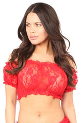 Red Sheer Short Sleeved Lace Peasant Top