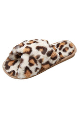 Atomic Beige Leopard Faux Fur Slippers | Animal Print Slippers | Bedroom Slippers