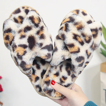 Atomic Beige Leopard Faux Fur Slippers | Animal Print Slippers | Bedroom Slippers